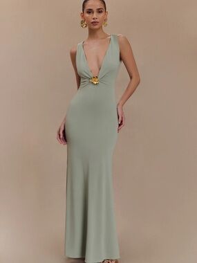 Meshki Beck Plunge Maxi Dress With Floral Hardware - Basil